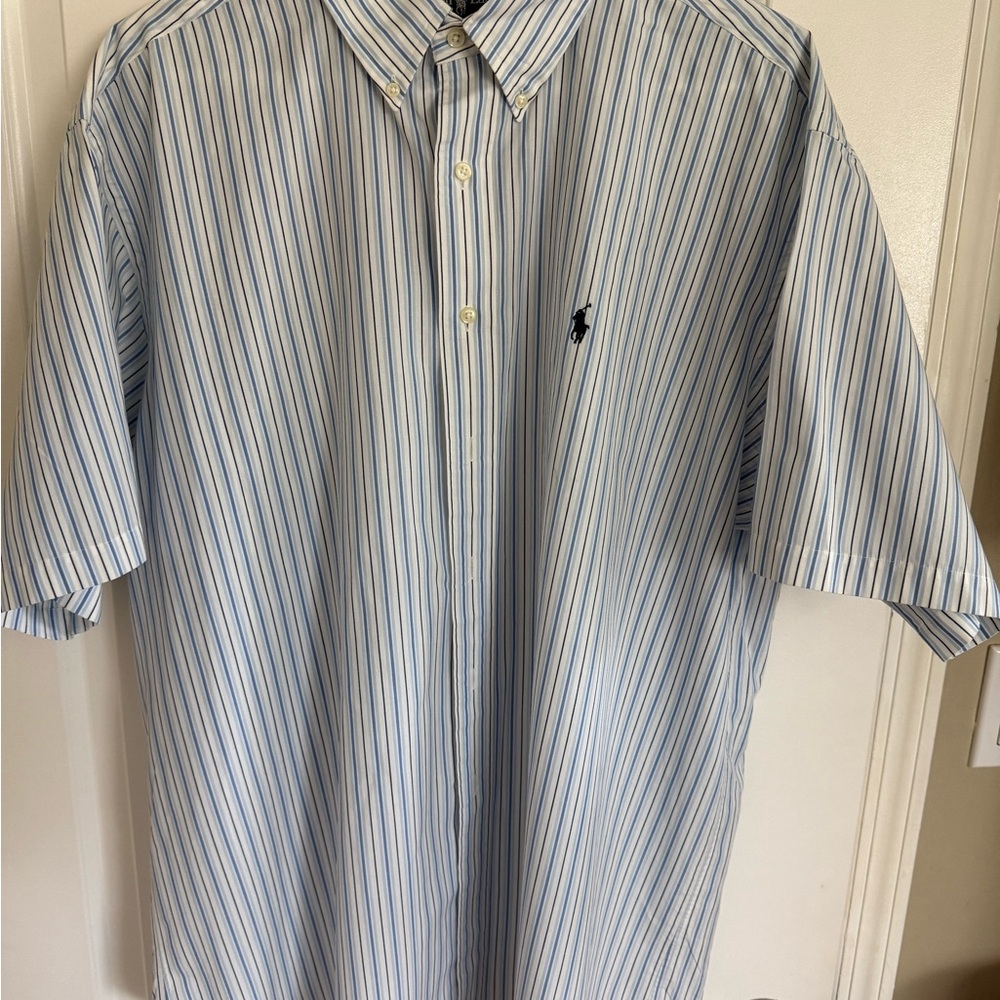 Ralph Lauren Men's White and Blue Pinstripe Shirt XL